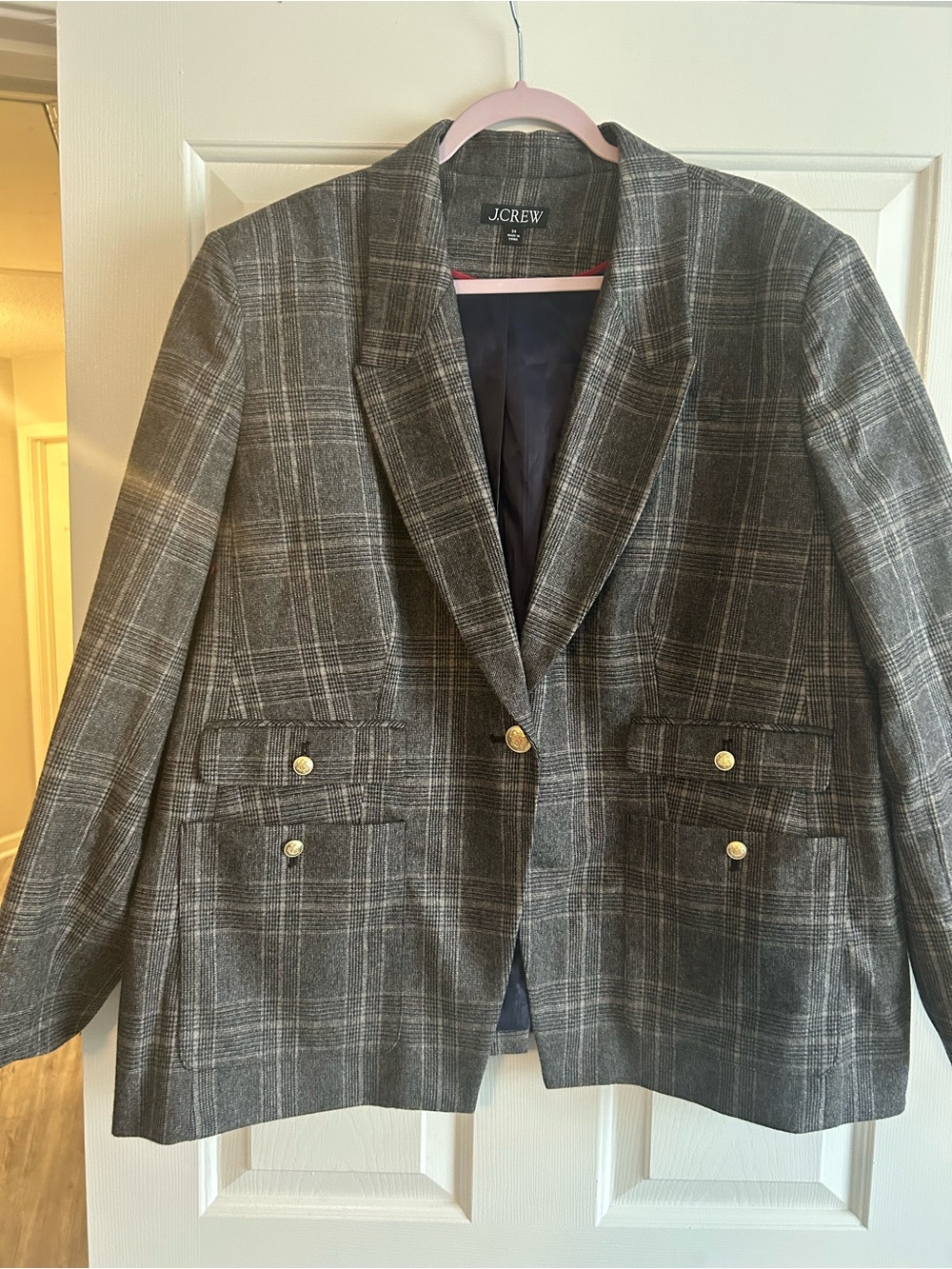 J. Crew Gray Plaid Wool Blend Blazer with Gold Buttons